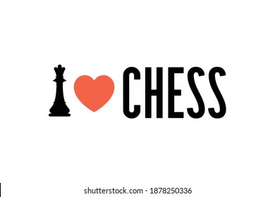 I love chess. Illustration of mad love to chess. The queen figure and the heart sign. Logo concept for souvenirs, badges, T-shirts, stickers and other things. For fans of the chess club.