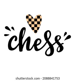 Love chess sticker lettering with checkerboard pattern. Vector illustration.