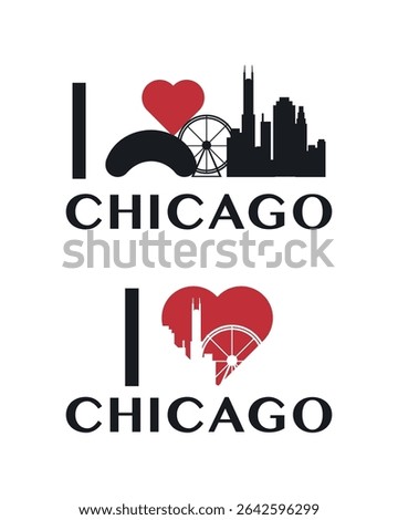 I love Chicago vector art, badge, tag, icon, logo concept. USA, Illinois state city landmarks and heart isolated image layout for print, image, card