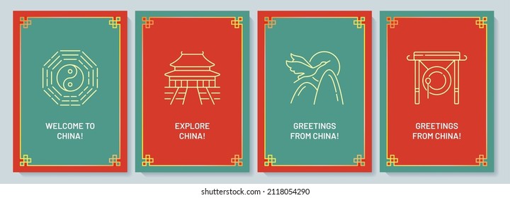 With love from China postcard with linear glyph icon set. Greeting card with decorative vector design. Simple style poster with creative lineart illustration. Flyer with holiday wish