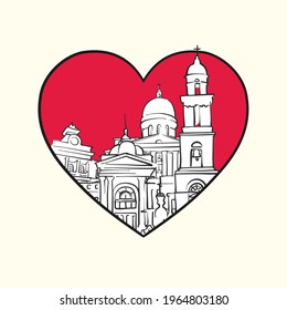 I love Chisinau. Red heart and famous buildings, Moldova Composition. Hand-drawn black and white vector illustration. Grouped and movable objects.