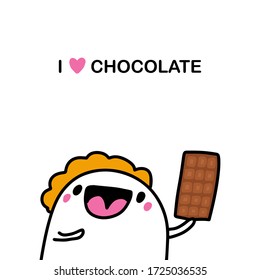 I love chocolate hand drawn vector illustration in cartoon comic style man happy holding sweets brown