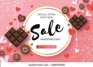 Love Chocolate. Valentines Day Greeting Card. Red white hearts paper cut style and dessert, candy on coral. Origami Happy holidays. Circle frame. Text. Sale. Vector.