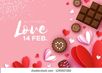 Love Chocolate. Valentines Day Greeting Card. Red white hearts paper cut style and dessert, candy on coral. Origami Happy holidays. Space for Text