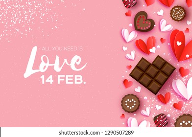Love Chocolate. Valentines Day Greeting Card. Red white hearts paper cut style and dessert, candy on coral. Origami Happy holidays. Space for Text