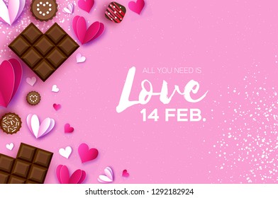 Love Chocolate. Valentines Day Greeting Card. Pink white hearts paper cut style and dessert, candy on pink. Origami Happy holidays. Space for Text. Vector.