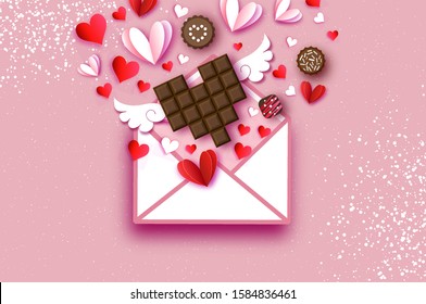 Love Chocolate. Valentines Day Greeting Card. Red white hearts paper cut style and dessert, chocolate, candy on coral. Origami Happy holidays. 14 February. Valentines postcard with wings. Vector.