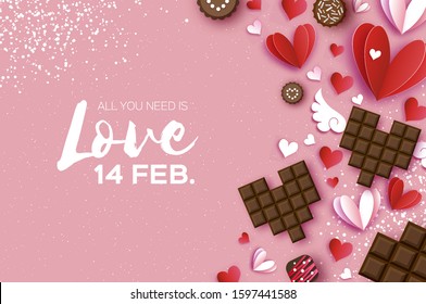 Love Chocolate. Valentines Day Greeting Card. Red white hearts paper cut style and dessert, candy. Origami Happy holidays. Space for Text. Vector.