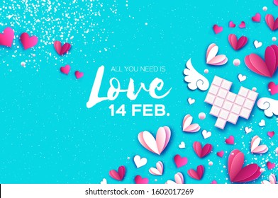 Love Chocolate. Valentines Day Greeting Card. Pink white hearts paper cut style and dessert, candy. Origami Happy holidays. Space for Text. Blue background.