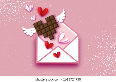 Love Chocolate. Valentines Day Greeting Card. Red white hearts paper cut style and dessert, chocolate, candy on coral. Origami Happy holidays. 14 February. Valentines postcard with wings.