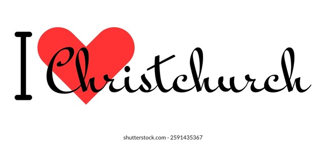 I love Christchurch, city of New Zealand. Hand drawn letters with red heart. Vector illustration lettering, modern design for print t shirt, banner, poster, sticker or label.