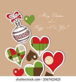 Love Christmas background, cute decorative hearts and ornaments in red and green traditional colors