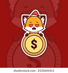 In Love Christmas Fox Holding Coin or Money Icon, Vector Sticker Design