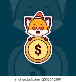 In Love Christmas Fox Holding Coin or Money Icon, Vector Sticker Design