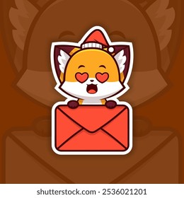 In Love Christmas Fox Holding Mail Icon, Vector Sticker Design