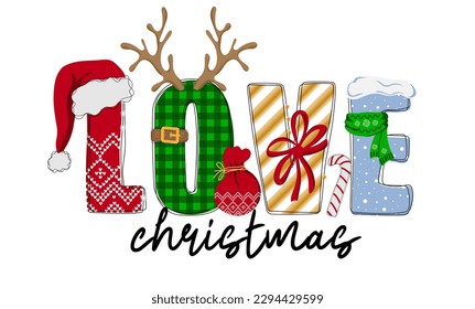 Love christmas. Hand drawn doodle text with Santa hat, antler, garlands and tied bow. Christmas design for poster, banner, t shirt, card, flyer. Vector illustration