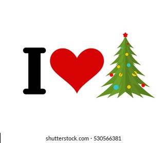 I love Christmas. Heart and Christmas tree. Festive fir-tree with balls. Spruce decorations and star. New Year symbol
