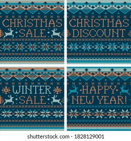 I love Christmas: Scandinavian style seamless knitted pattern with deers. Decorative style retro pattern, ornate design with repetition. vector illustration.