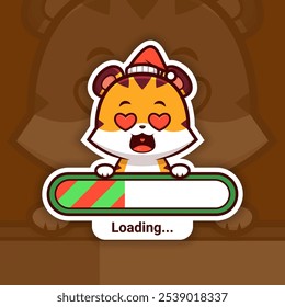 In Love Christmas Tiger Holding a Loading Bar, Cute Vector Sticker Design