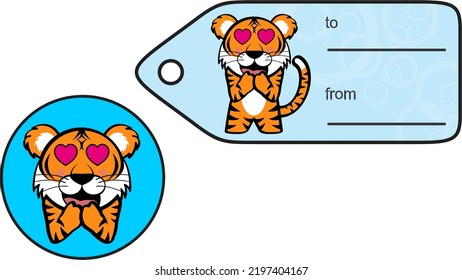 in love chubby tiger kid cartoon gift card sticker illustration in vector format