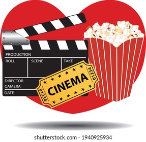 Love Cinema concept. Clapper board, cinema ticket and pop corn. Vector illustration.	