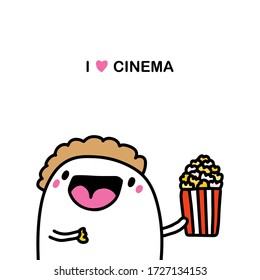 I love cinema hand drawn vector illustration in cartoon comic style man holding pop corn kawaii face