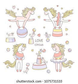 Love Circus. Sweet pony and mouse are playing. Little horse girl and mouse are balancing on circus stands and playing balls. Hand drawn set of cute elements.