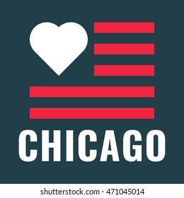 Love city chicago with usa flag, flat vector icon design illustration on dark background.