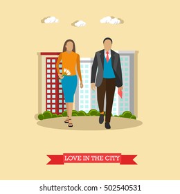 Love in the city concept vector illustration in flat style. Couple walk with buildings on background.