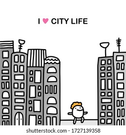 I love city life hand drawn vector illustration in cartoon comic style man walking between skyscrapers grey