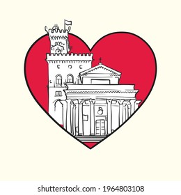 I love City of San Marino. Red heart and famous buildings, San Marino Composition. Hand-drawn black and white vector illustration. Grouped and movable objects.