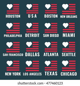 Love city of usa with flag set, flat vector icon, logo, mark, symbol design illustration, badge on dark background. Can be used for public holidays in the United States also for theme about tourism.