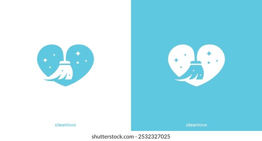 Logo de limpieza del amor. Forma de amor y escoba con estilo minimalista. Logo limpio del amor, icono, símbolo, Vector, Inspiración del diseño.