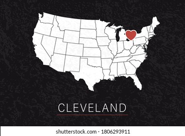 Love Cleveland Picture. Map of United States with Heart as City Point. Vector Stock Illustration
