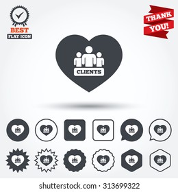 Love Clients sign icon. Group of people symbol. Circle, star, speech bubble and square buttons. Award medal with check mark. Thank you. Vector