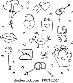 Love clipart doodles San Valentine's day. Hand drawn illustration. Graphic holiday letter object romance.