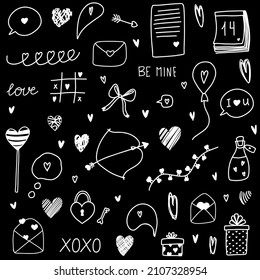 Love clipart hand drawn doodles for St.Valentine s day with hearts, bow, arrows, poison, lettering, calendar, garland, lanterns, letter, gift, balloon, conversation cloud, speech bubble on black