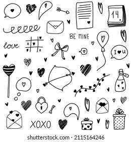 Love clipart hand drawn doodles for St.Valentine s day with hearts, bow, arrows, poison, lettering, calendar, garland, lanterns, letter, gift, balloon, conversation cloud, speech bubble on white
