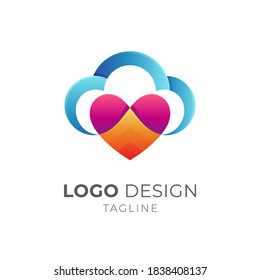 El concepto del logo de la nube de amor. Logotipo de corazón y nube con forma 3d en color azul gradiente, rojo y amarillo
