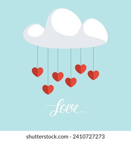 Love. Cloud with red hearts. Hand lettering. Romantic graphic design for wedding invitations or Valentines Day holiday greetings. Vector illustration.