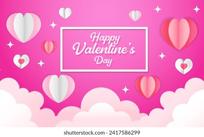 Love in the Clouds: Valentine's Day Background with Pink Paper Hearts. Two Prominent Hearts Surrounded by Scattered Pink and Red Hearts. White Clouds Set the Scene, 'Happy Valentine's Day' in Pink Let