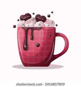 Love cocoa with marshmallows and chocolate. Appetizing dessert with hearts. Vector illustration for Valentine's Day. Gradient, shadows, pink and mint color.