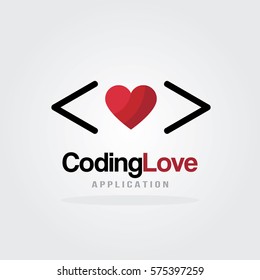 Love Coding Logo Design Template with heart design concept. Software development, Software application, Mobile application development. 