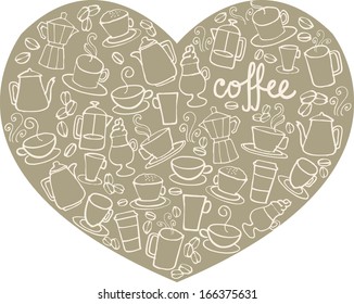 I Love Coffee assorted coffee icons on heart shape
