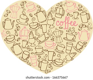 I Love Coffee assorted coffee icons on heart shape