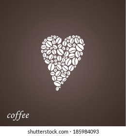 I love coffee background. Vector brown background with heart composed from white coffee beans. 