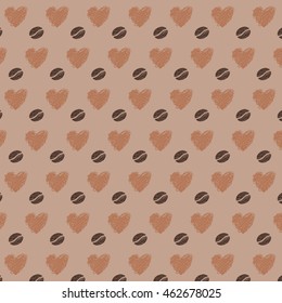 Love coffee beans and hearts seamless vector pattern. Grains with heart symbols on brown background. Pattern swatch included