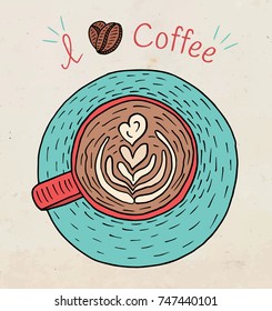 I love coffee. Beautiful illustration of cup of cappuccino coffee and beans