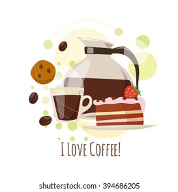 I love coffee card. Cool illustration of Infographic coffee and sweets. Flat coffee icons. Food and drink elements. Breakfast icons. Coffee, cup, cakes, sweets and coffee beans. 
