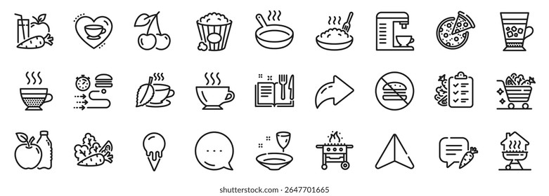 Love coffee, Cherry and No burger line icons pack. Share, Message, Paper plane icons. Coffee machine, Vegetables, Food delivery web icon. Frappe, Porridge, Gas grill pictogram. Vector